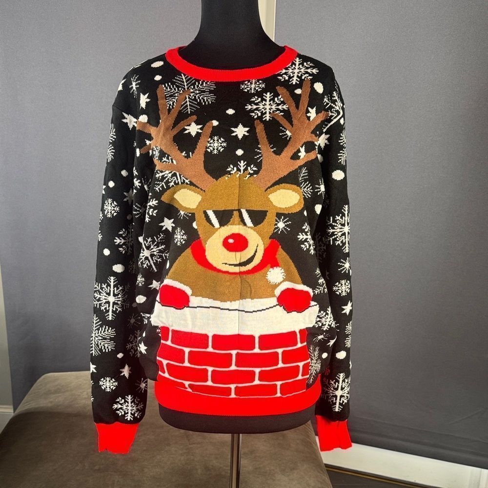 Adult Unisex Black Christmas Ugly Sweater Cool Reindeer Size L NWOT